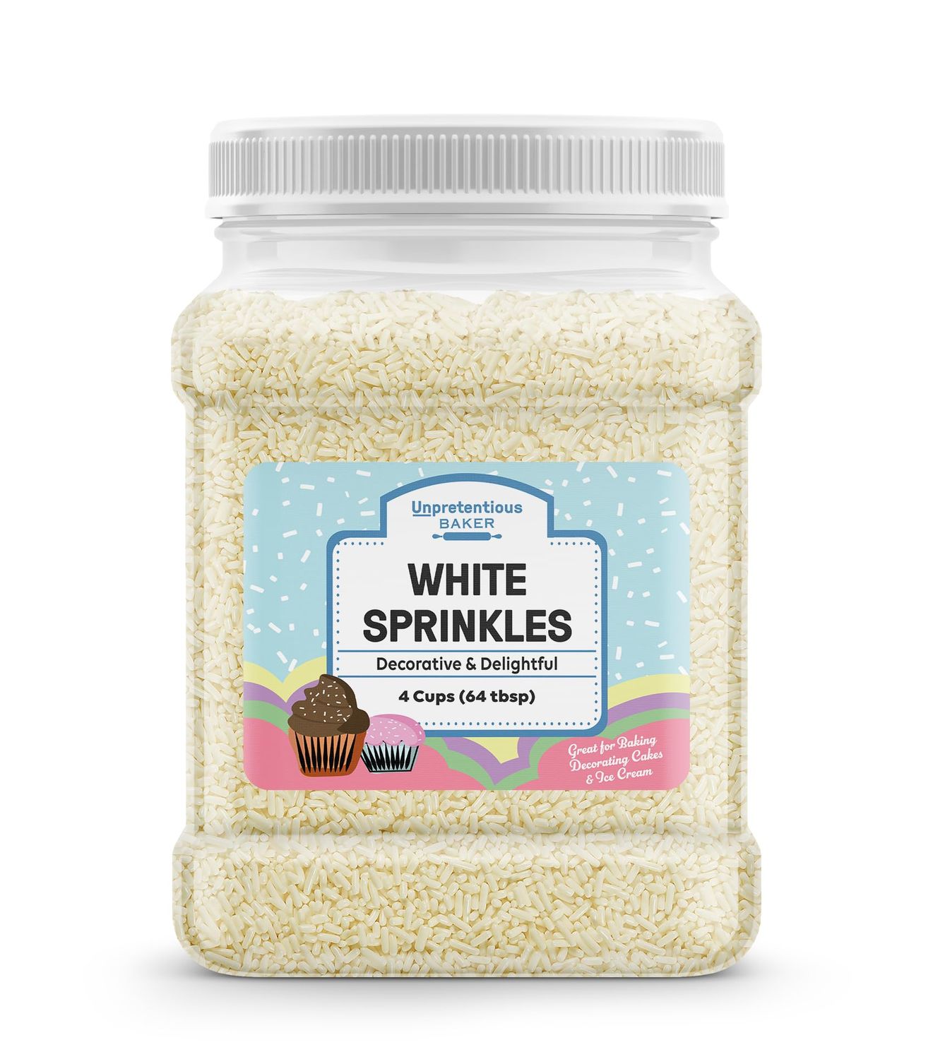 Unpretentious White Sprinkles, 4 Cups, Jimmies, Decorative Dessert Topping, Festive &amp; Fun