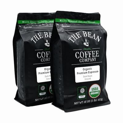 The Bean Organic Coffee Company Premium Espresso, Dark Roast, Ground Coffee, 16-Ounce Bags (Pack of 2),Caf molido tostado organico