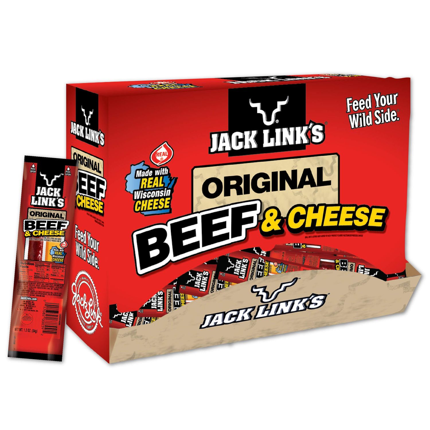 Jack Links Original Beef &amp; Cheese Combo Pack, 1.2 oz., Pack of 48 - Original 100% Beef Stick and Cheese Stick Made with Real Wisconsin Cheese - 7g Protein, Made with Beef