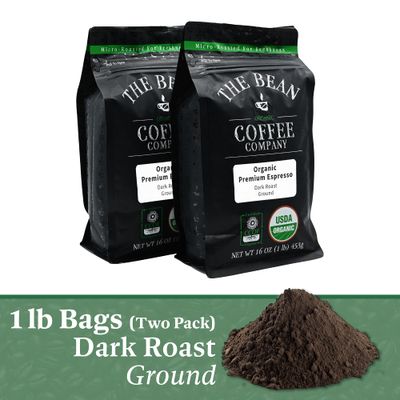 The Bean Organic Coffee Company Premium Espresso, Dark Roast, Ground Coffee, 16-Ounce Bags (Pack of 2),Caf molido tostado organico