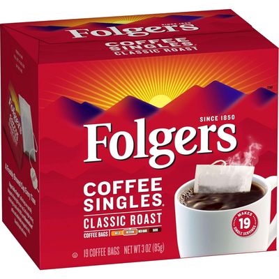 Folgers Coffee Singles Classic Roast Medium Roast Coffee, 19 Count (Pack of 12)