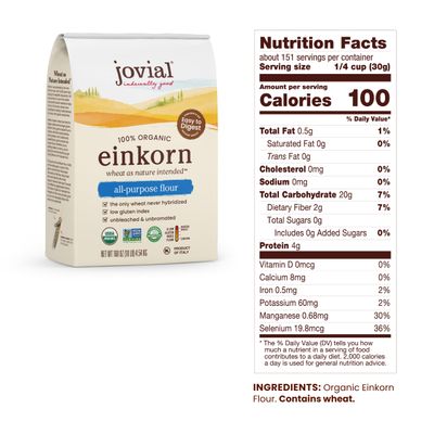 Jovial Einkorn 100% Organic Einkorn All Purpose Flour - Baking Flour, High Protein, Non-GMO, USDA Certified Organic, Unbleached Flour, Product of Italy, Organic All Purpose Flour - 32 Oz, 5 Pack