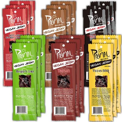 Primal Spirit Vegan Jerky - Sampler Pack, 10g. Plant Based Protein, Certified Non-GMO (Classics Thai Peanut, Mesquite Lime, Teriyaki, Hot &amp; Spicy, Hickory Smoked, &amp; Texas BBQ, 18-Pack, 1 oz.)