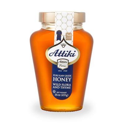 Attiki Pure Greek Honey with Wild Flora and Thyme, Perfect for Baking, Cooking, Lemonade and Tea, 16 oz (453 grams), Glass Jar