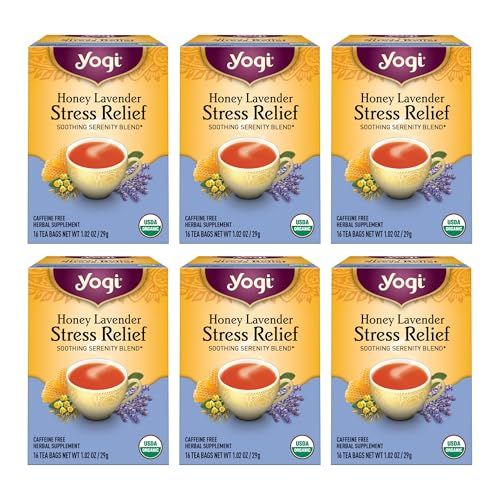 Yogi Tea Honey Lavender Stress Relief Tea - 16 Tea Bags per Pack (6 Packs) - Organic Chamomile Lavender Tea - Includes Lemon Balm, Lemongrass, Spearmint Leaf, Peppermint Leaf, Honey Flavor &amp; More