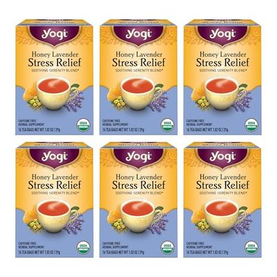 Yogi Tea Honey Lavender Stress Relief Tea - 16 Tea Bags per Pack (6 Packs) - Organic Chamomile Lavender Tea - Includes Lemon Balm, Lemongrass, Spearmint Leaf, Peppermint Leaf, Honey Flavor &amp; More