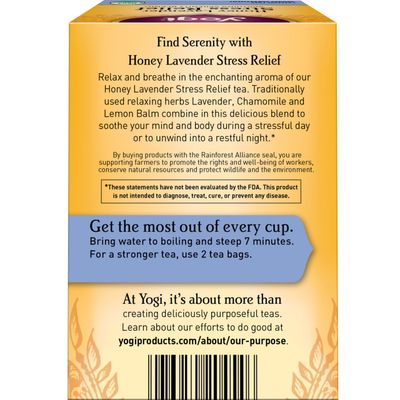 Yogi Tea Honey Lavender Stress Relief Tea - 16 Tea Bags per Pack (6 Packs) - Organic Chamomile Lavender Tea - Includes Lemon Balm, Lemongrass, Spearmint Leaf, Peppermint Leaf, Honey Flavor & More