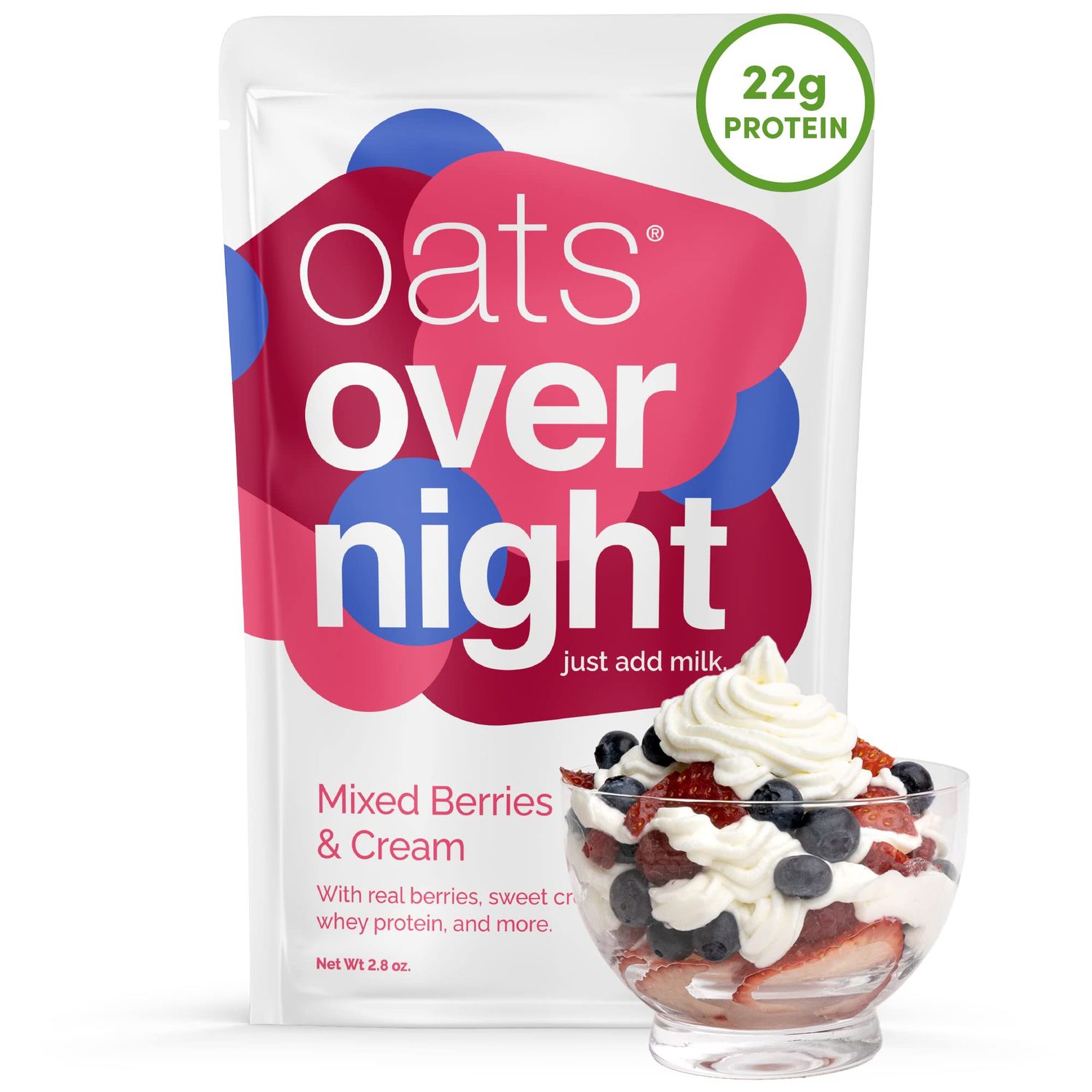 Oats Overnight Mixed Berries &amp; Cream - Overnight Oats with 22g Protein, High Fiber Breakfast Protein Shake - Gluten Free Oatmeal, Non GMO High Protein Oatmeal (2.8 oz per meal) (16 Pack)