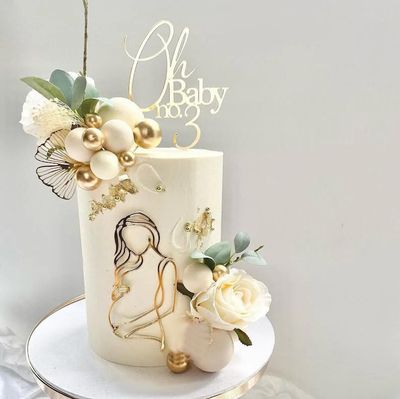 Pregnant Lady Baby Shower Cake Topper,Pregnancy Acrylic Baby Cake Charm for Gender Reveal Cake Decoration, Pregnancy Announcement/Wecome Baby Party Supplies(Golden)