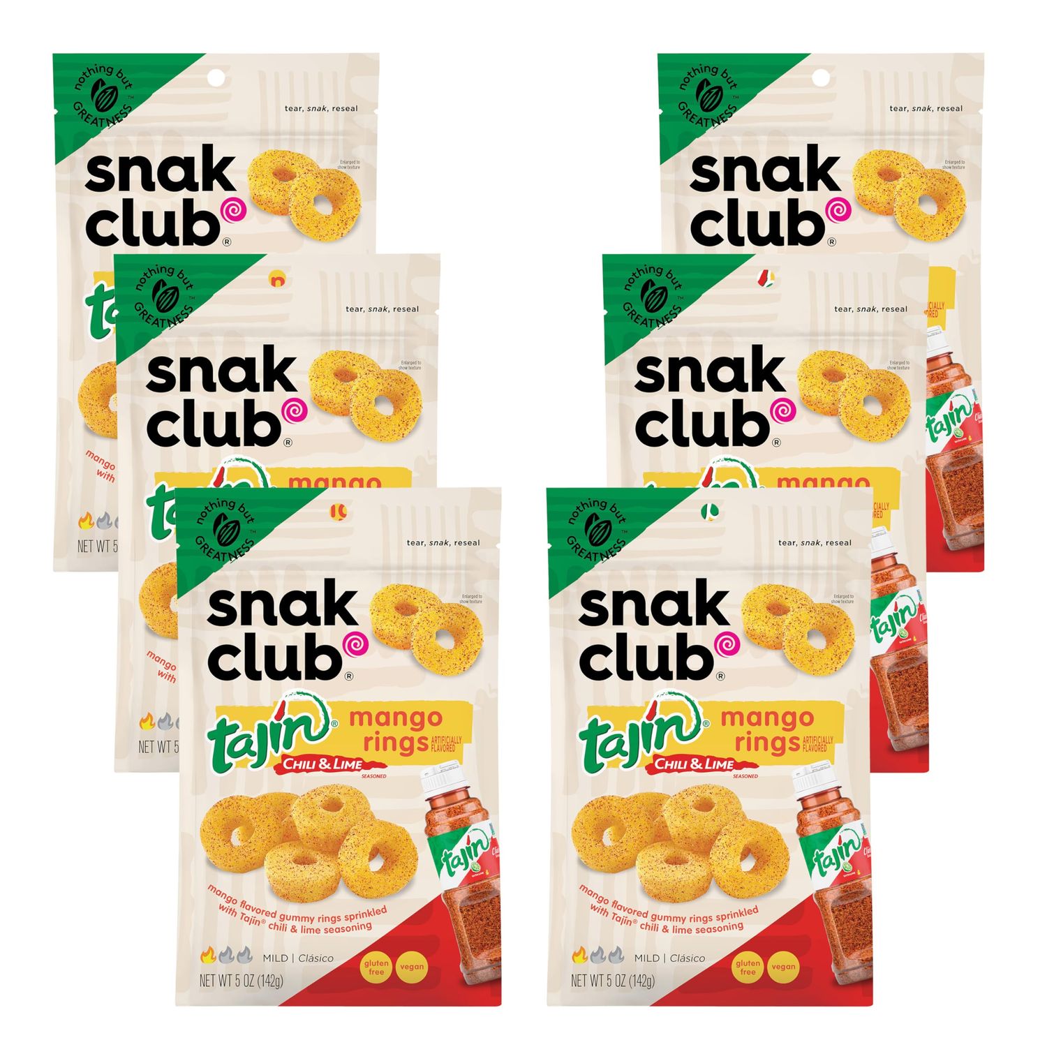 Snak Club Tajin Mango Rings Gummy Candy, Fruit Candy Gummies with Chili and Lime Seasoning, Mild, Gluten-Free and Vegan Snacks, 5 oz Resealable Bags, 6 Pack