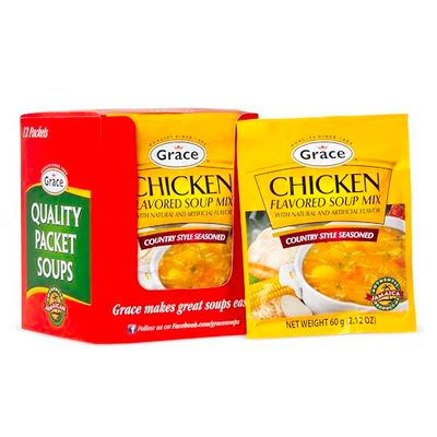 Grace Chicken Flavored Soup Mix 2.12oz - 12 Pack - Jamaican Country Style Seasoned Chicken Soup Mix - Packaged Dry Soup Mix Packets