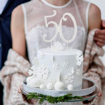 50 Cake Topper 50th Anniversary Birthday Wedding Diamond Cake Topper for Women 50 Sparkle Bling Rhinestone Cake Decoration Party Supplies Keepsake, Silver
