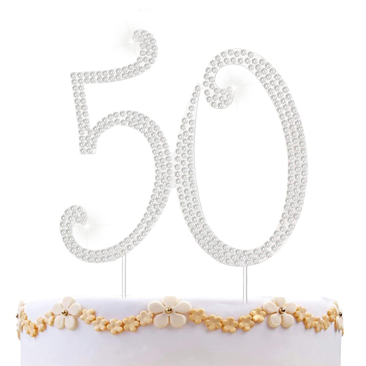 50 Cake Topper 50th Anniversary Birthday Wedding Diamond Cake Topper for Women 50 Sparkle Bling Rhinestone Cake Decoration Party Supplies Keepsake, Silver