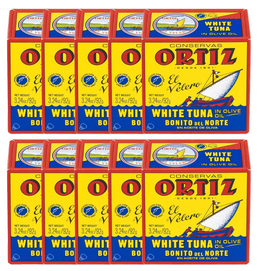 Ortiz White Tuna in Olive Oil, Fresh Tender Slices, Spanish Wild Caught Tuna, High in Protein and Omega 3 Fats, Excellent in Salad, Pasta or Sandwiches - No Need to Add Mayo, 3.24oz Can (Pack of 10)