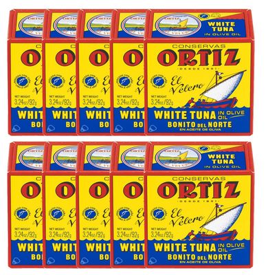 Ortiz White Tuna in Olive Oil, Fresh Tender Slices, Spanish Wild Caught Tuna, High in Protein and Omega 3 Fats, Excellent in Salad, Pasta or Sandwiches - No Need to Add Mayo, 3.24oz Can (Pack of 10)