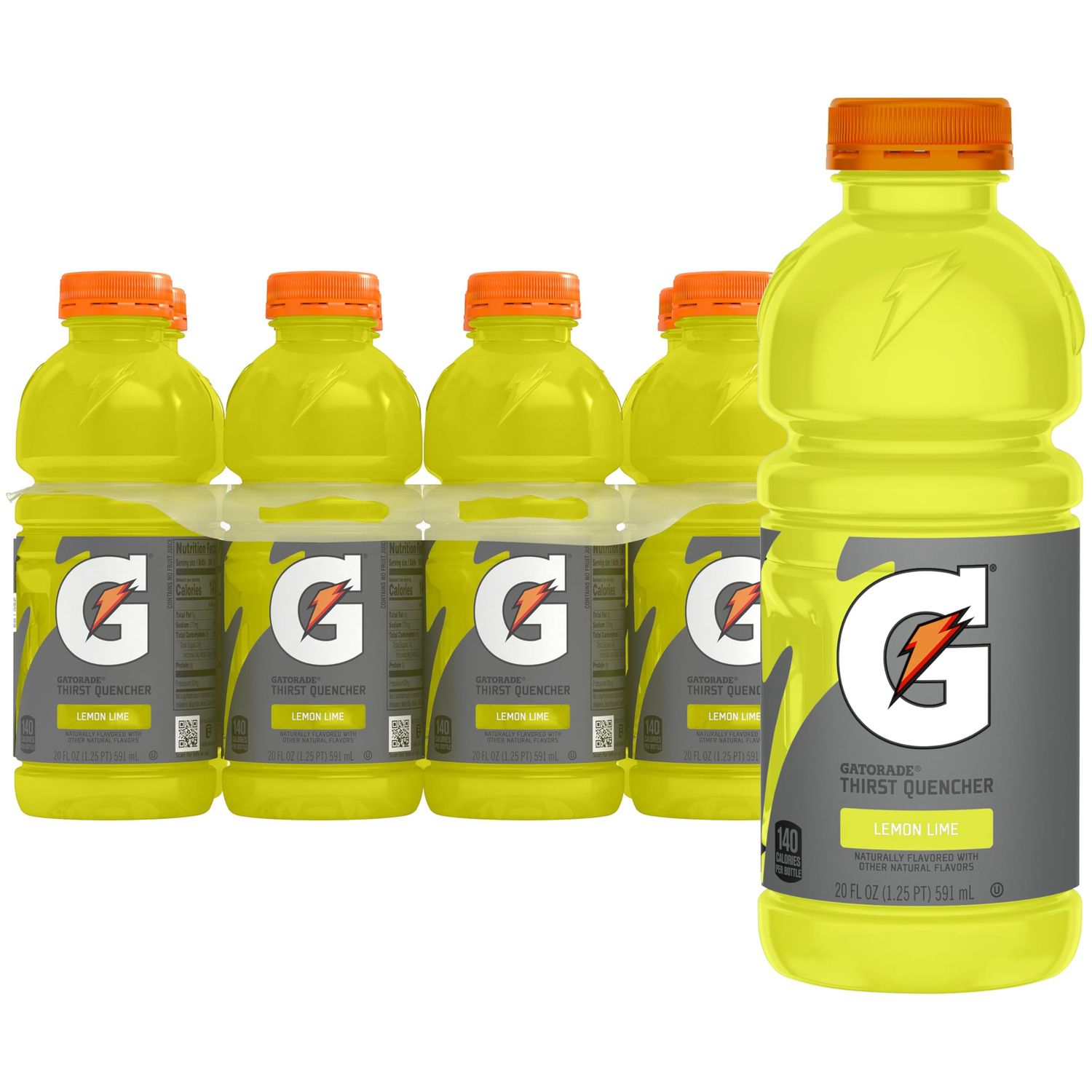 Gatorade Thirst Quencher Natural, Lemon Lime Sports Drink, 20 Fl Oz Bottles, 8 Pack