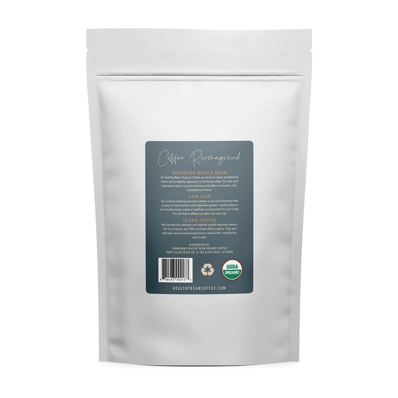 Healthy Bean Coffee - Organic Espresso Beans Whole - Low Acid Whole Bean Coffee, Strong, Rich Flavor Clean &amp; Healthy Coffee - USDA Organic Low Acid Coffee Beans Whole, Mycotoxin Free Coffee, 11oz