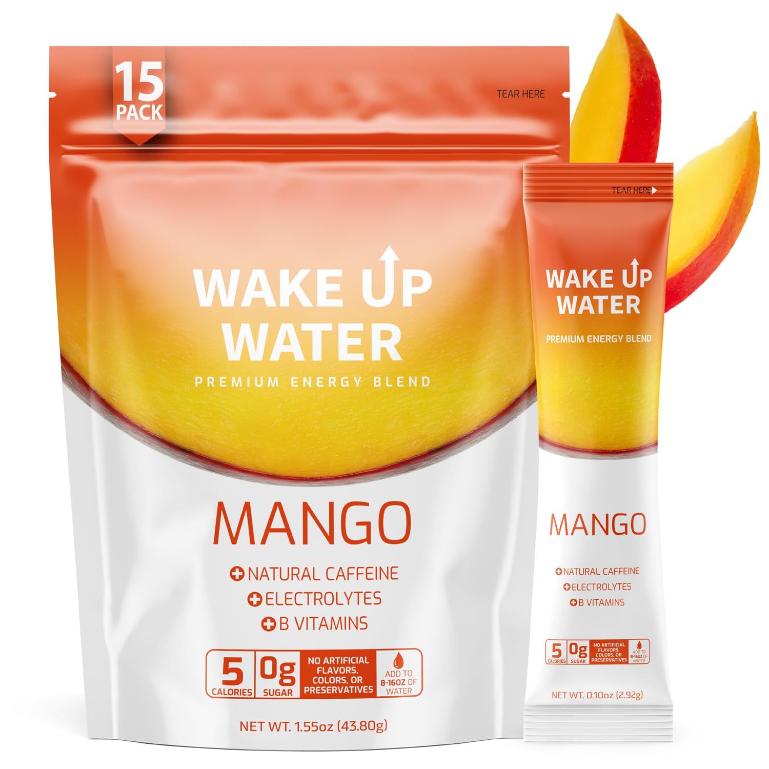 Wake Up Water - Energy + Hydration Sugar Free 15 Packs, Mango Flavor - Energy Drink Powder, Electrolytes Powder Drink, Natural Caffeine Mix Packet, B Vitamins, 5 Calories, Gluten Free - .10 oz (2.9g)