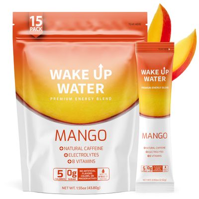 Wake Up Water - Energy + Hydration Sugar Free 15 Packs, Mango Flavor - Energy Drink Powder, Electrolytes Powder Drink, Natural Caffeine Mix Packet, B Vitamins, 5 Calories, Gluten Free - .10 oz (2.9g)