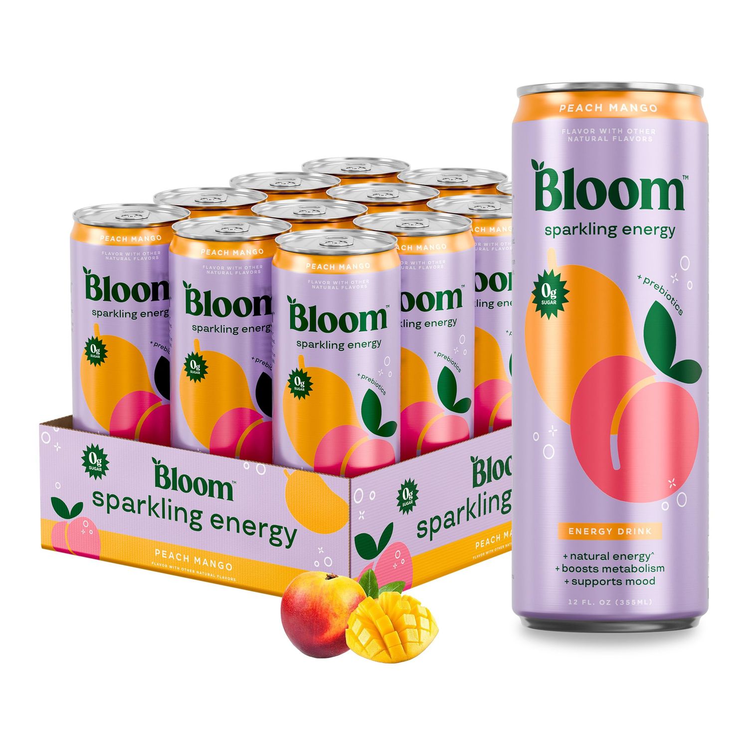 Bloom Sparkling Energy Drink - Natural Caffeine, Zero Sugar, 180mg Caffeine - Antioxidant-Rich w/Green Coffee Bean, Green Tea Extract, Prebiotics - Wellness Beverage for Focus &amp; Metabolism 12oz 12 pk