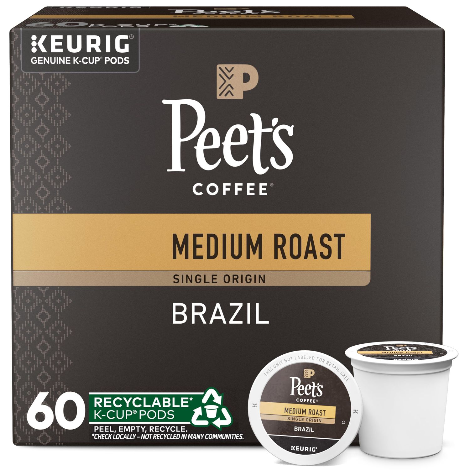 Peet&#39;s Coffee, Medium Roast Keurig K-Cup Pods - Single Origin Brazil 60 Count (6 Boxes of 10 K-Cup Pods)