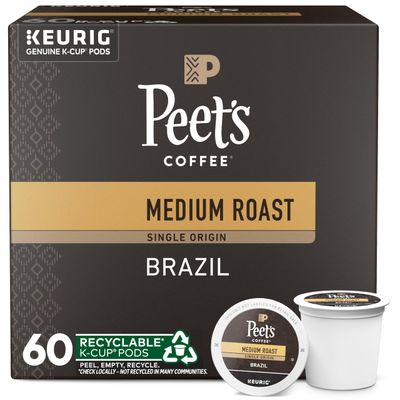 Peet&#39;s Coffee, Medium Roast Keurig K-Cup Pods - Single Origin Brazil 60 Count (6 Boxes of 10 K-Cup Pods)
