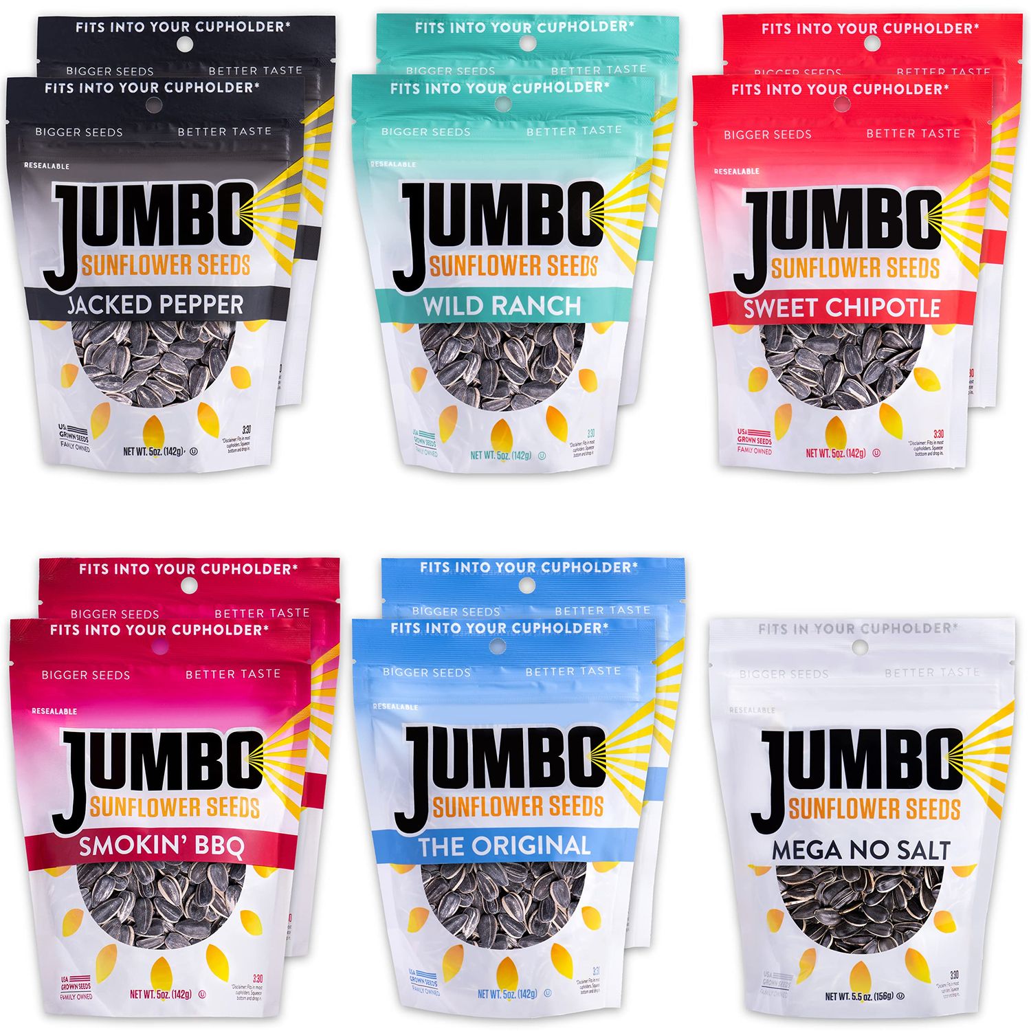 Jumbo Sunflower Seeds Sampler Pack - Original, Ranch, Pepper, BBQ, Chipotle, No Salt (11 Bags)