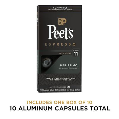 Peet's Coffee, Dark Roast Espresso Pods, Nerissimo, French Roast Style Intensity 11, 10 Count (1 Box of 10 Espresso Capsules)