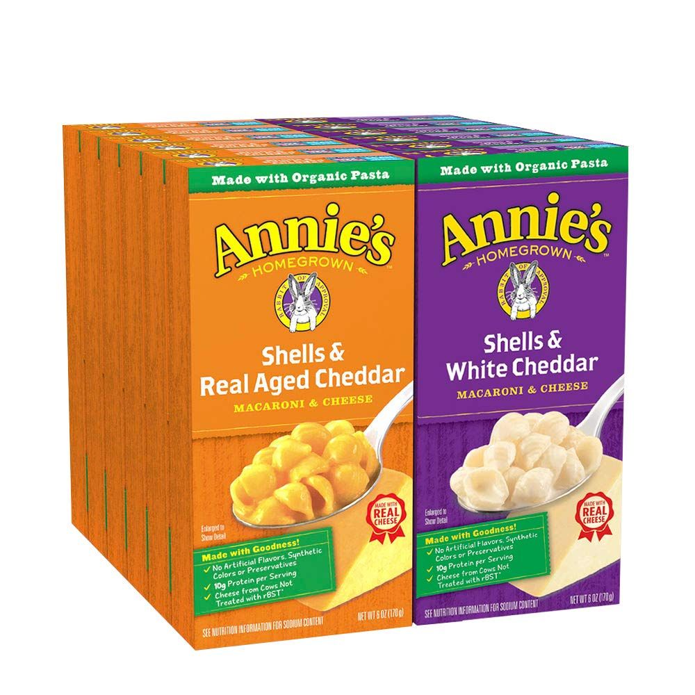 Annie&#39;s Organic Macaroni and Cheese Variety Pack, Shells &amp; White Cheddar and Shells &amp; Real Aged Cheddar, 6 oz (Pack of 12)