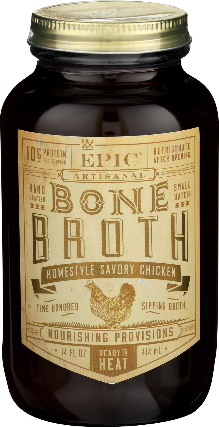 EPIC Homestyle Savory Chicken Bone Broth, Whole30, 14fl oz Jar (Pack of 6)