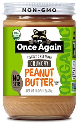 Once Again Organic Crunchy Peanut Butter, 16oz - No Stir - Lightly Sweetened &amp; Salted - USDA Organic, Gluten Free Certified, Vegan, Kosher - Glass Jar