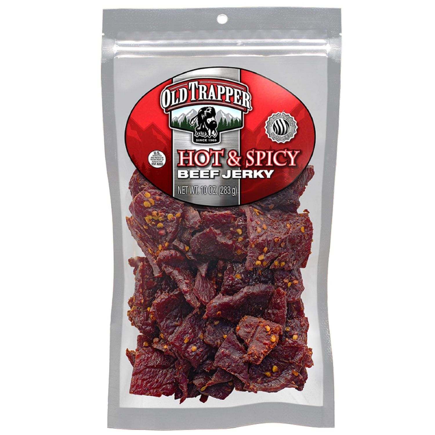Old Trapper Beef Jerky, Hot &amp; Spicy 10-Ounce Individual Pack, Tender and Spicy Meat Snacks for Lunches or Between Meals, 11 Grams of Protein and 70 Calories per Ounce (Pack of One)
