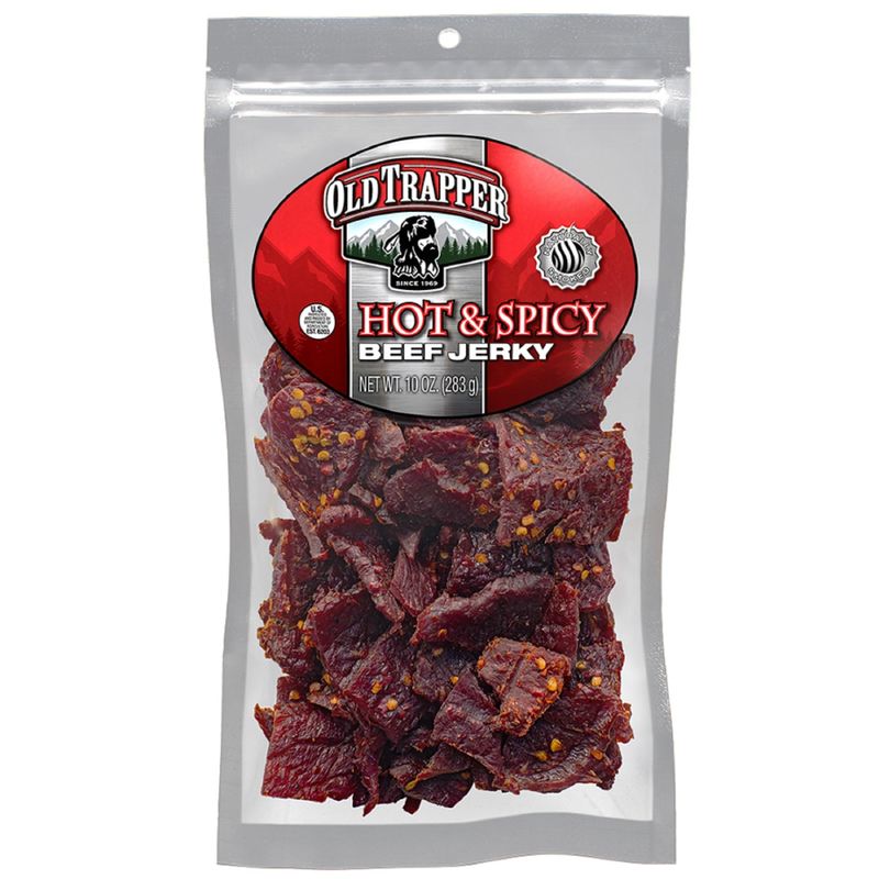 Old Trapper Beef Jerky, Hot &amp; Spicy 10-Ounce Individual Pack, Tender and Spicy Meat Snacks for Lunches or Between Meals, 11 Grams of Protein and 70 Calories per Ounce (Pack of One)