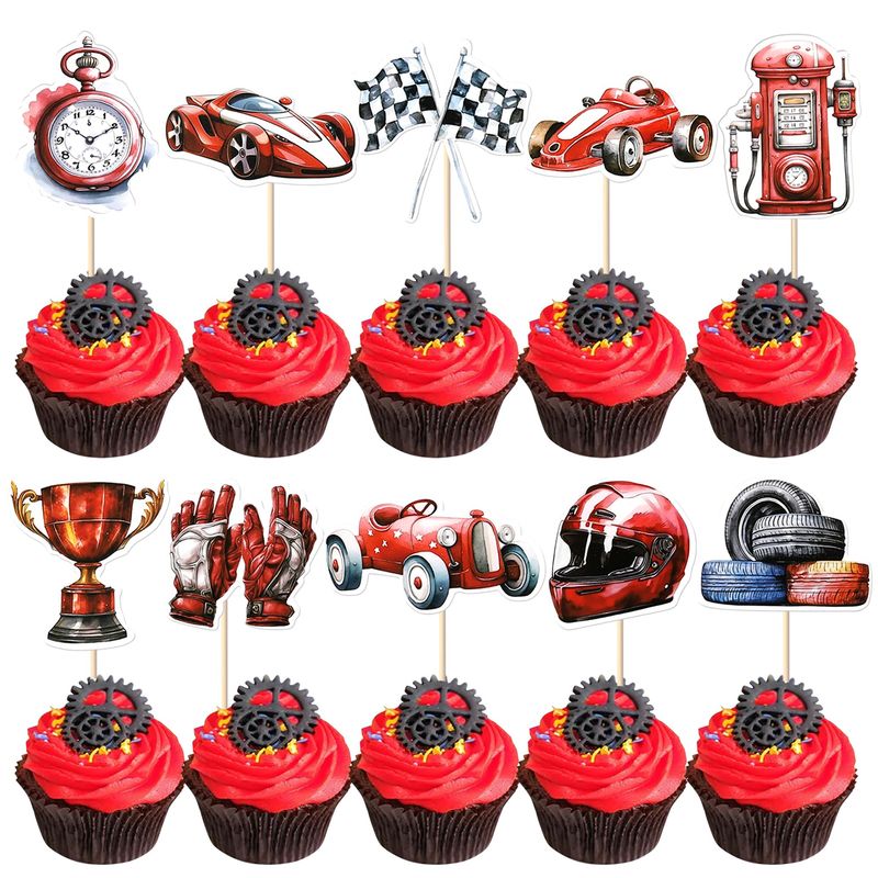 40 Pack Racing Car Cupcake Toppers Fighting Flag Cupcake Picks Race Helmet Gloves Cupcake Decorations for Racing Sport Theme Baby Shower Boys and Girls Birthday Party Supplies