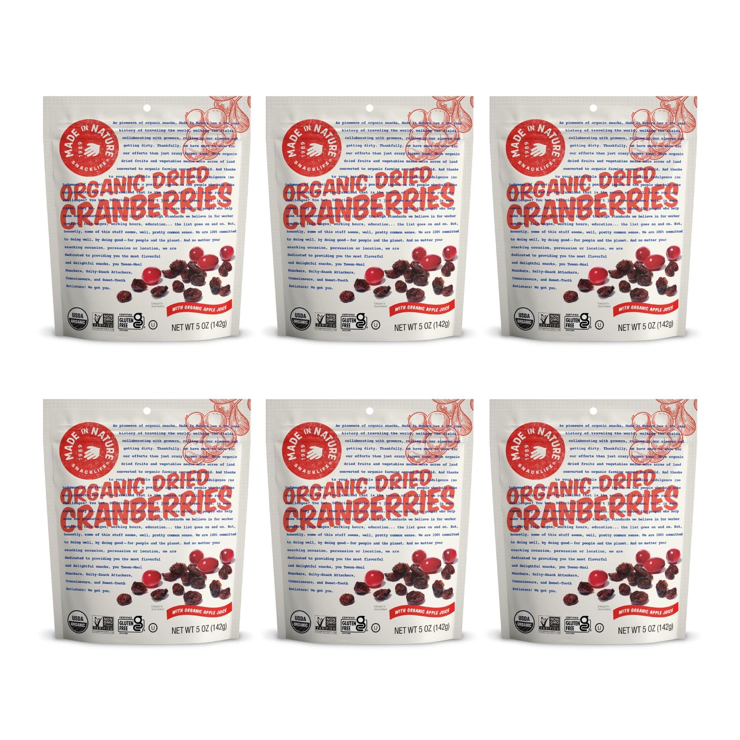 Made In Nature Organic Dried Cranberries, 5 Ounce (Pack of 6) - Sweetened with Apple Juice, Non-GMO, Unsulfured, Gluten Free