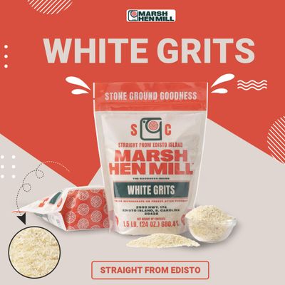 Marsh Hen Mill White Grits Stone Ground Grits from Premium White Dent Corn | Gluten Free & Instant for Quick Meals Family Farm Grown on Edisto Island Stone Ground Grits - 24 oz Pack