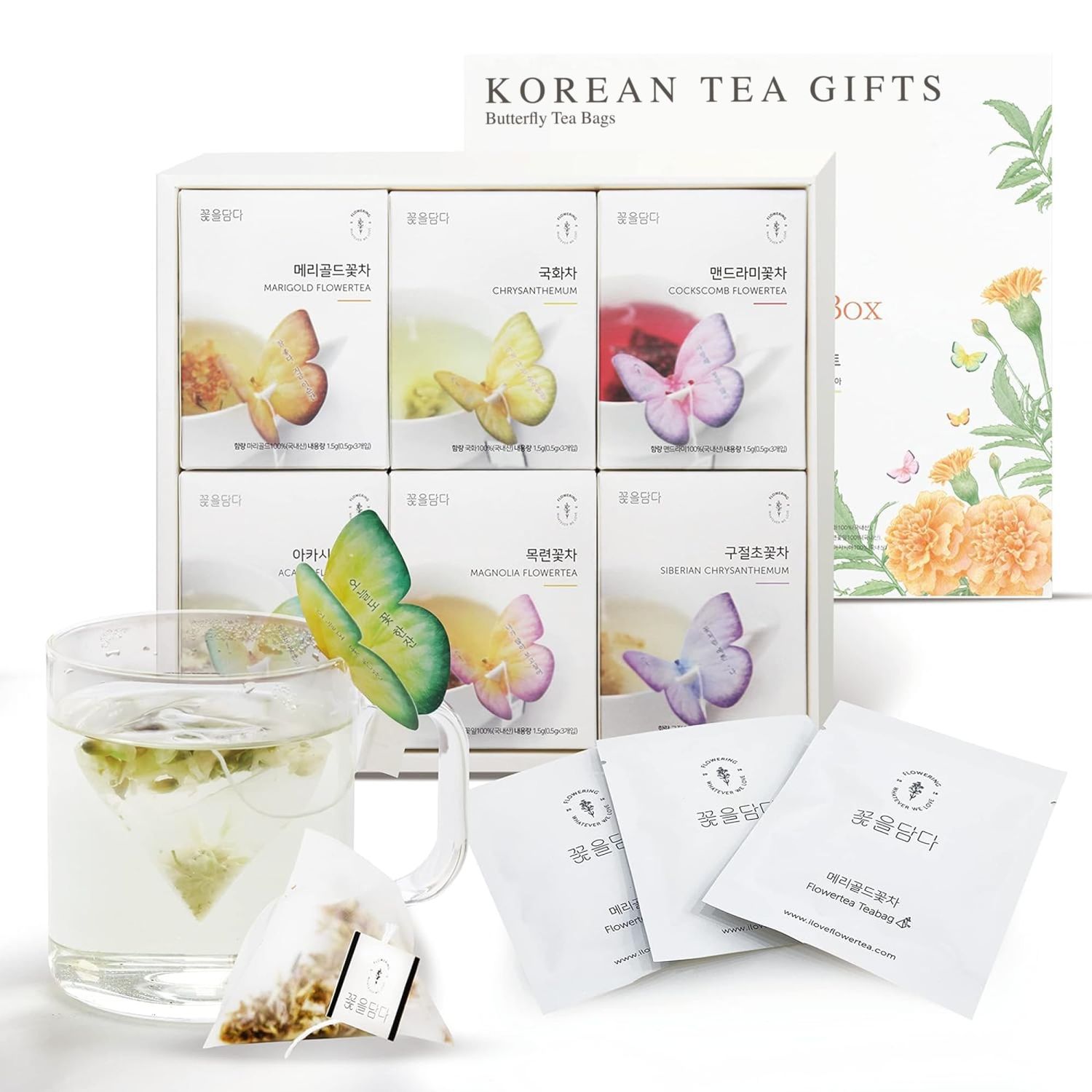KKOKDAM Korean Tea Gift Set - 6 Flavor Butterfly Tea Bag Sampler - Fancy Tea Bags for Gifting - Elegant Korean Gift Box for Tea Lovers