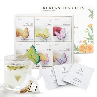 KKOKDAM Korean Tea Gift Set - 6 Flavor Butterfly Tea Bag Sampler - Fancy Tea Bags for Gifting - Elegant Korean Gift Box for Tea Lovers