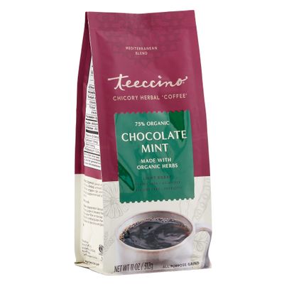 Teeccino Chocolate Mint Chicory Coffee Alternative - Ground Herbal Coffee Thats Prebiotic, Caffeine Free &amp; Acid Free, Light Roast, 11 Ounce (Pack of 3)