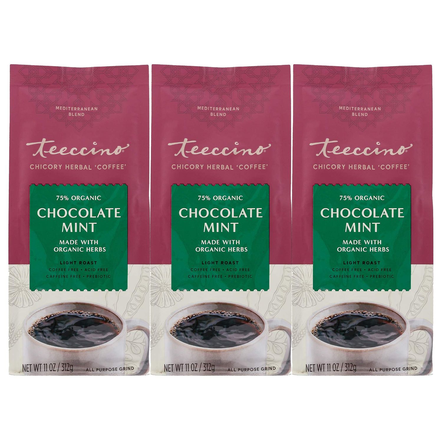 Teeccino Chocolate Mint Chicory Coffee Alternative - Ground Herbal Coffee Thats Prebiotic, Caffeine Free &amp; Acid Free, Light Roast, 11 Ounce (Pack of 3)