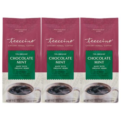 Teeccino Chocolate Mint Chicory Coffee Alternative - Ground Herbal Coffee Thats Prebiotic, Caffeine Free &amp; Acid Free, Light Roast, 11 Ounce (Pack of 3)