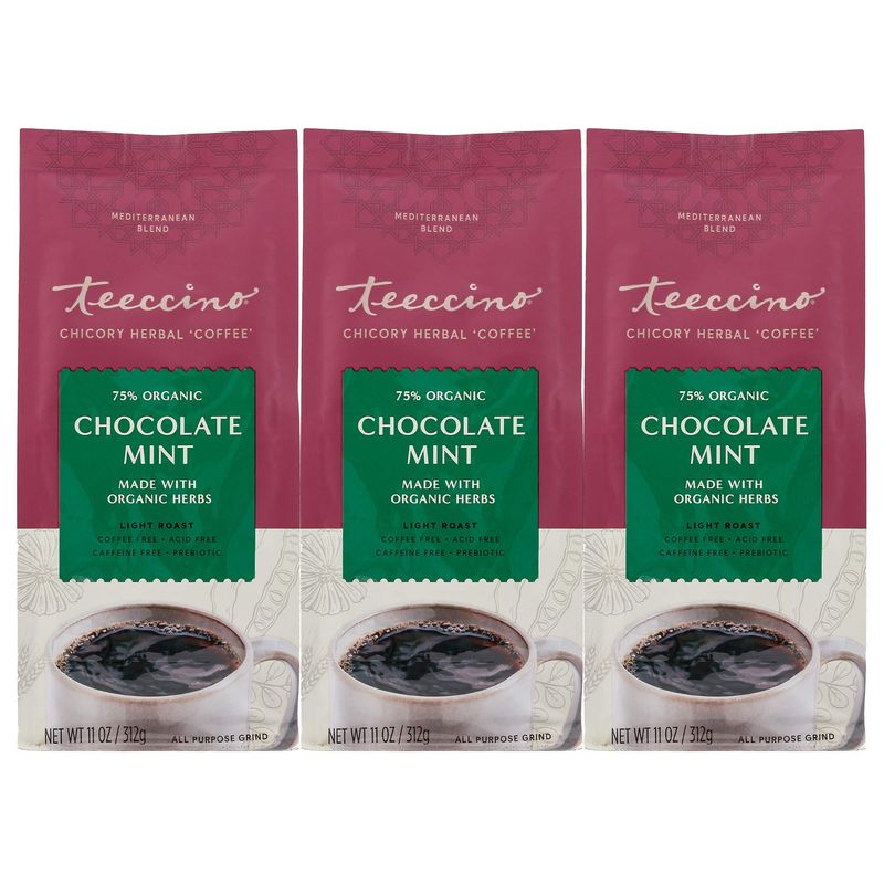 Teeccino Chocolate Mint Chicory Coffee Alternative - Ground Herbal Coffee Thats Prebiotic, Caffeine Free &amp; Acid Free, Light Roast, 11 Ounce (Pack of 3)