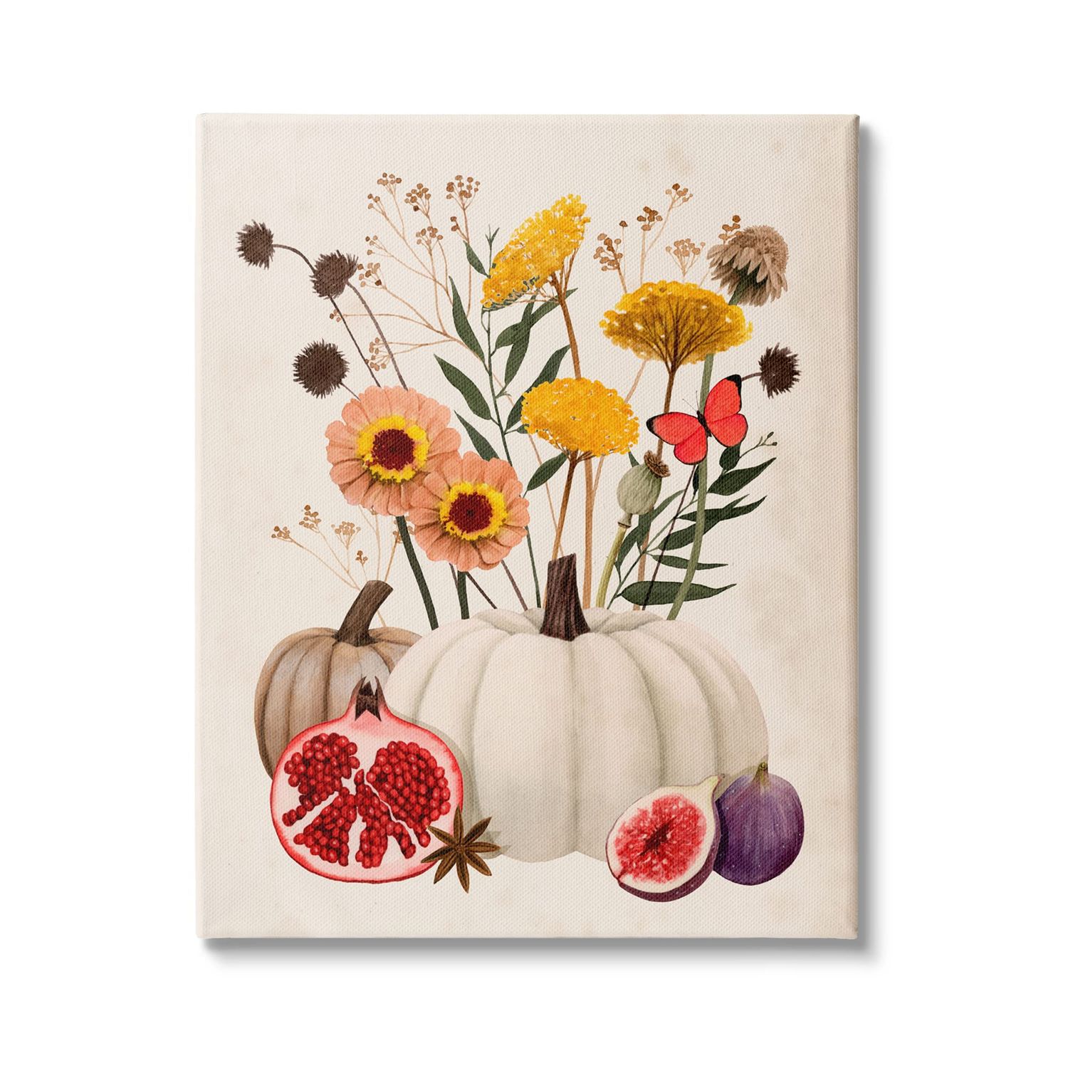 Stupell Industries Autumn Harvest Arrangement Pumpkin Pomegranate Fig Fruits Canvas Wall Art, 36 x 48, Beige