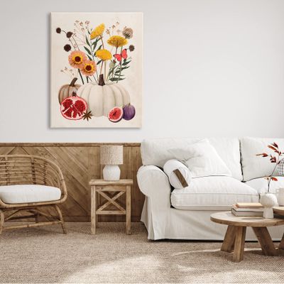 Stupell Industries Autumn Harvest Arrangement Pumpkin Pomegranate Fig Fruits Canvas Wall Art, 36 x 48, Beige