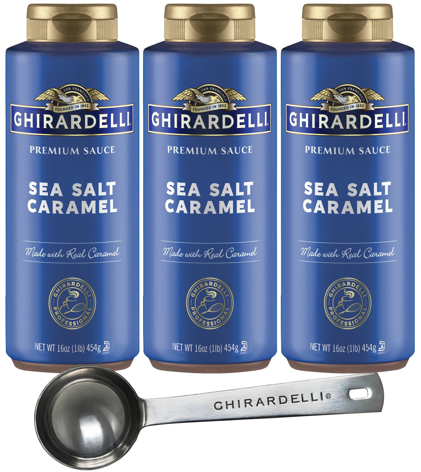 Ghirardelli Sea Salt Caramel Flavored Sauce - 16 oz Squeeze Bottle (Pack of 3) with Ghirardelli Stamped Barista Spoon