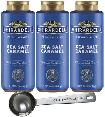 Ghirardelli Sea Salt Caramel Flavored Sauce - 16 oz Squeeze Bottle (Pack of 3) with Ghirardelli Stamped Barista Spoon