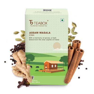 Teabox Assam Masala Chai 250 Grams | Strong Assam CTC Tea enriched with Cardamom, Cinnamon, Clove, Ginger and Black Pepper