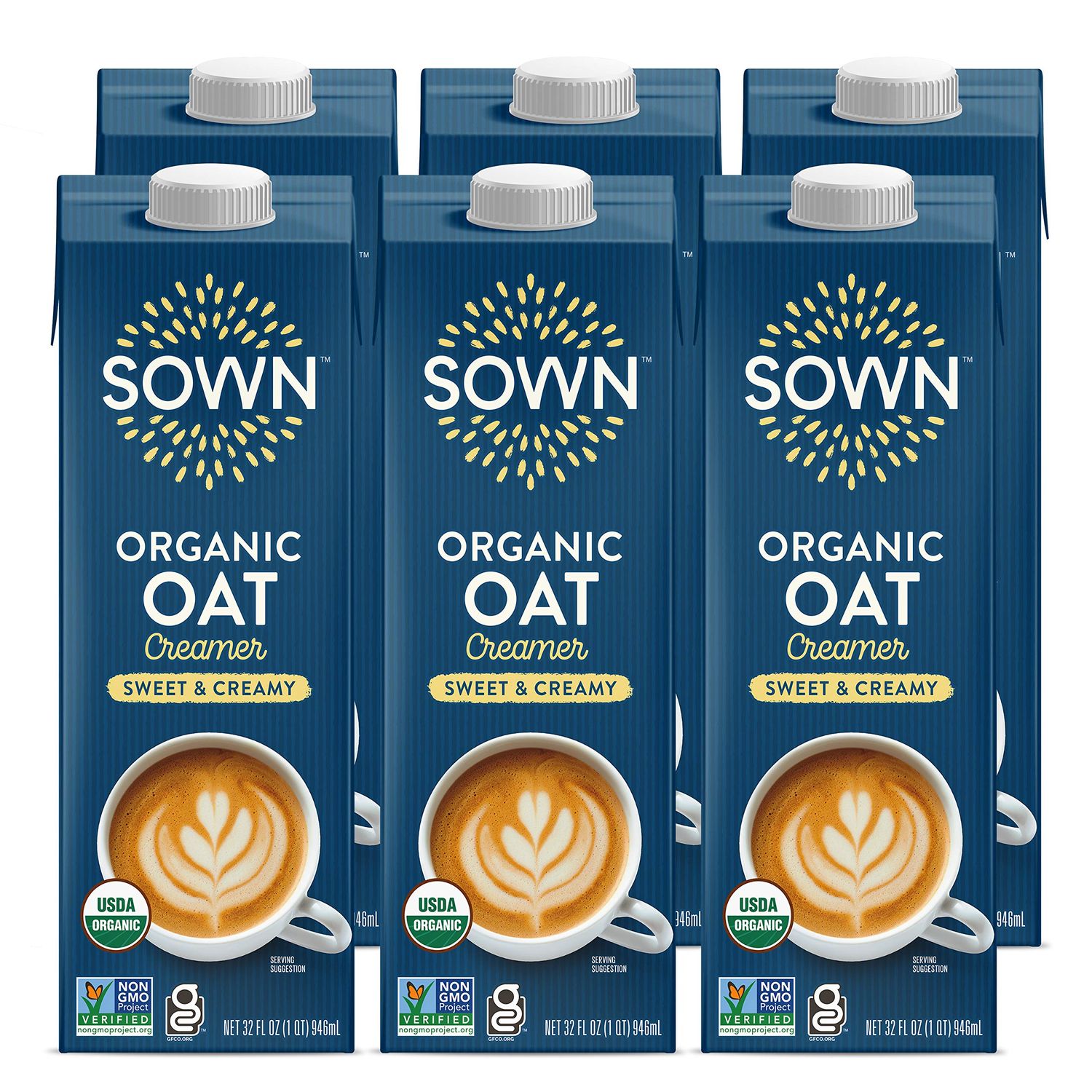 SOWN Organic Oat Creamer Sweet &amp; Creamy - Barista Oat Milk Non Dairy Coffee Creamer - Plant Based, Dairy-Free, Vegan, Gluten-Free, Non-GMO, Shelf Stable - 32oz (Pack of 6)