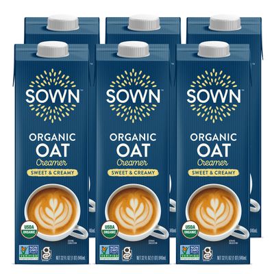 SOWN Organic Oat Creamer Sweet &amp; Creamy - Barista Oat Milk Non Dairy Coffee Creamer - Plant Based, Dairy-Free, Vegan, Gluten-Free, Non-GMO, Shelf Stable - 32oz (Pack of 6)