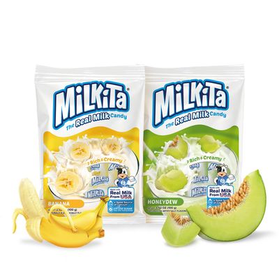 Milkita Creamy Shake Candy Bag, Gluten Free Chewy Candies with Calcium &amp; Real Milk, Zero Trans Fat, Low-Sugar (Banana &amp; Honeydew) 50 Pcs